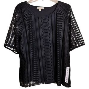 4373) Dana Buckman Black Eyelet Short Sleeve Overlay Blouse XL